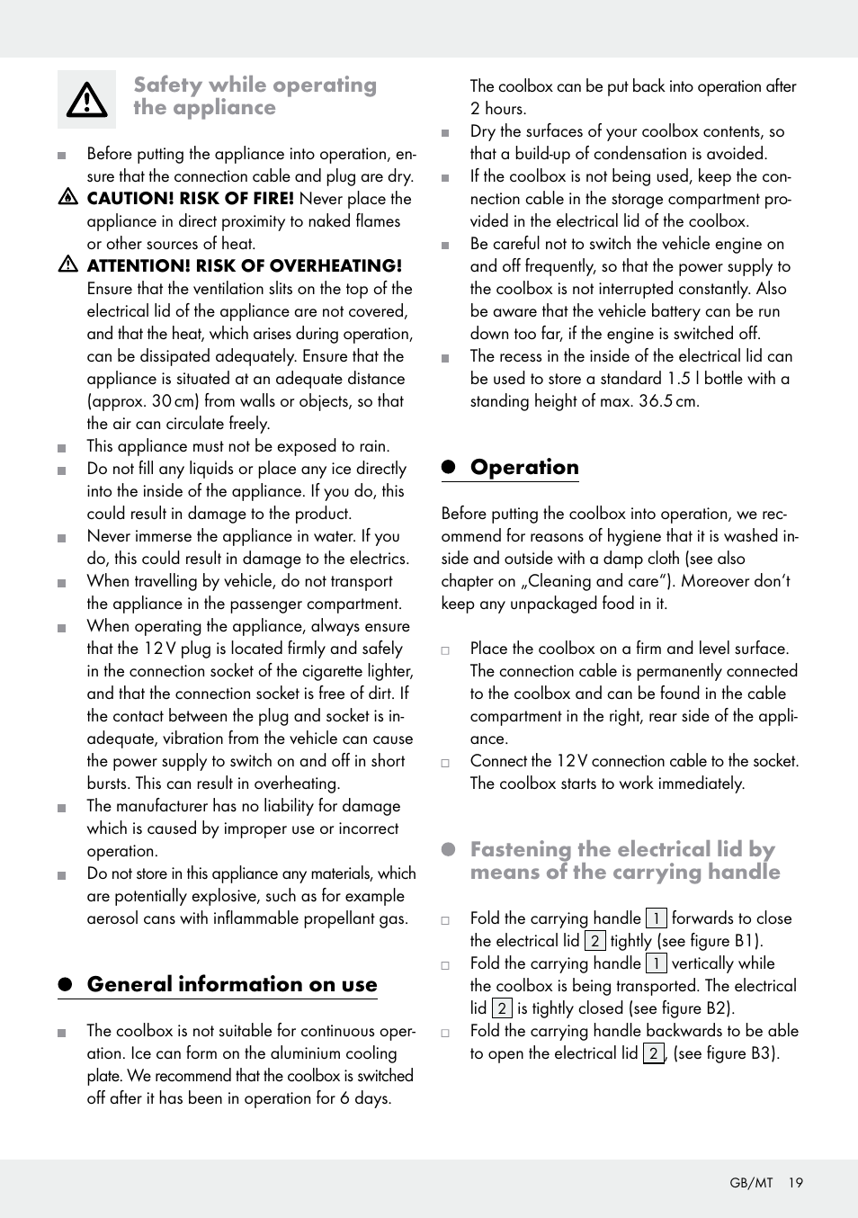 Safety while operating the appliance, General information on use, Operation | Rocktrail 12V Electric Cool Box User Manual | Page 19 / 29