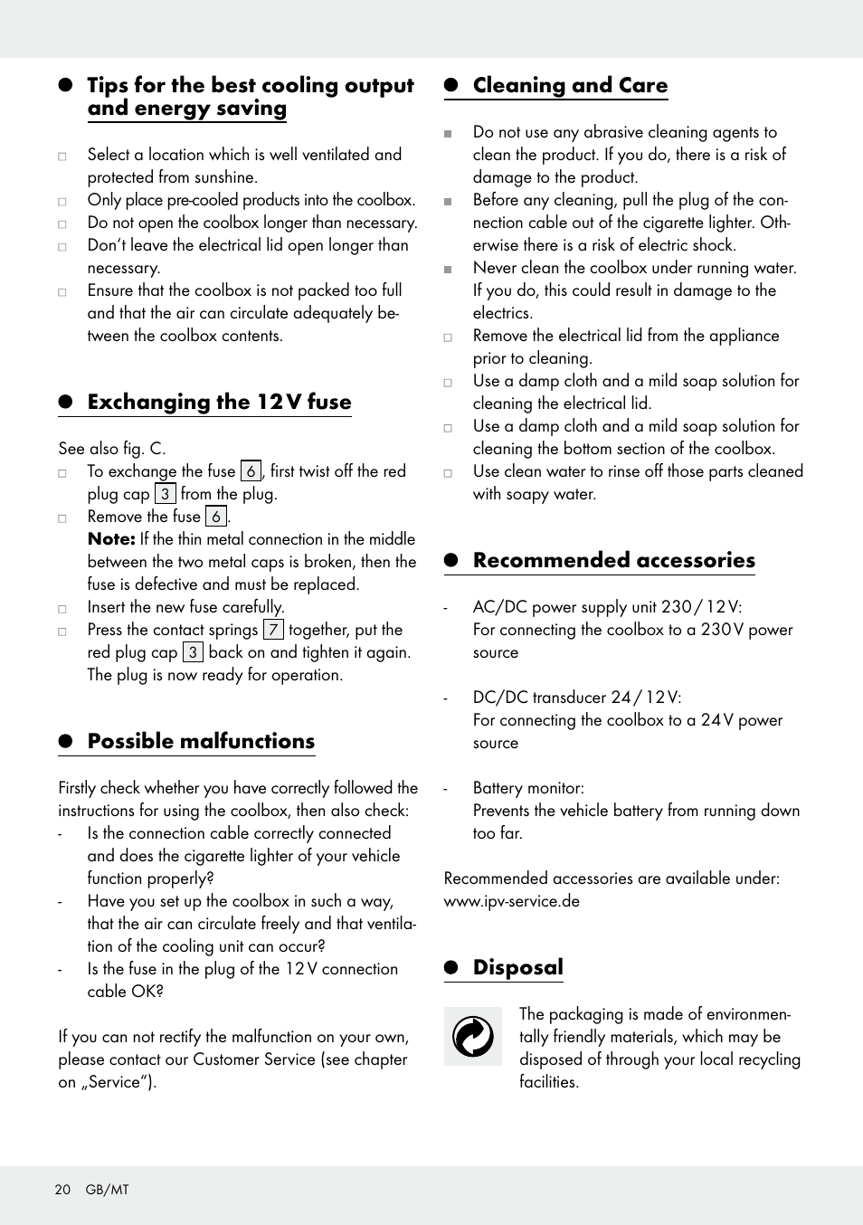 Tips for the best cooling output and energy saving, Exchanging the 12 v fuse, Possible malfunctions | Cleaning and care, Recommended accessories, Disposal | Rocktrail 12V Electric Cool Box User Manual | Page 20 / 29