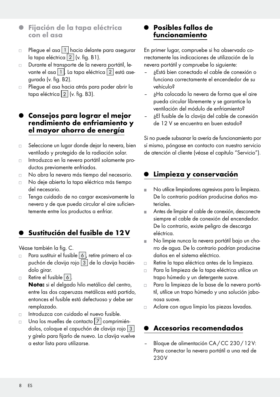 Fijación de la tapa eléctrica con el asa, Sustitución del fusible de 12 v, Posibles fallos de funcionamiento | Limpieza y conservación, Accesorios recomendados | Rocktrail 12V Electric Cool Box User Manual | Page 8 / 29