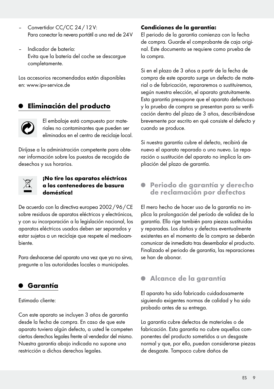 Eliminación del producto, Garantía, Alcance de la garantía | Rocktrail 12V Electric Cool Box User Manual | Page 9 / 29