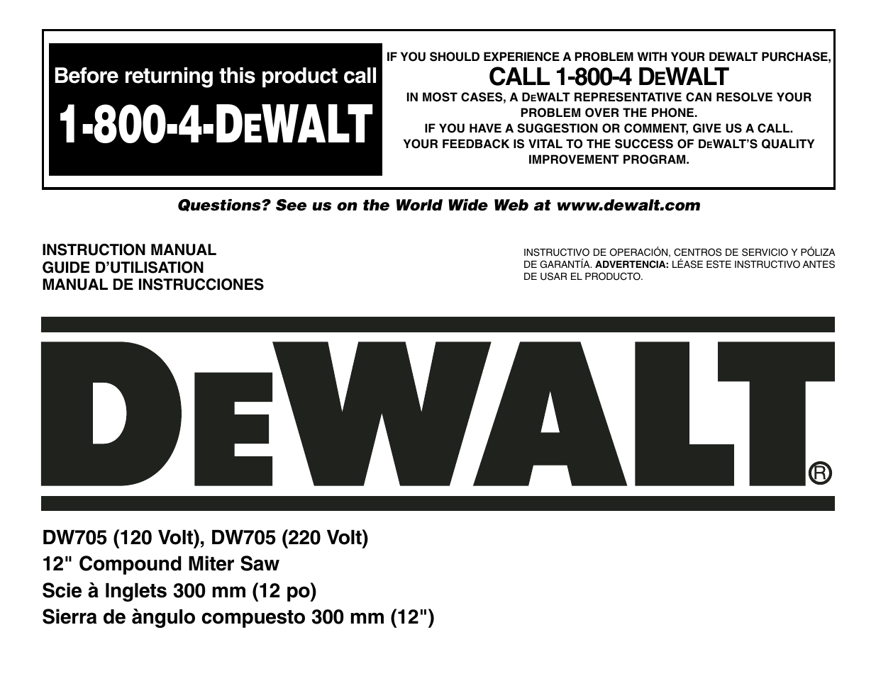 DeWalt 12" COMPOUND MITER SAW DW705 User Manual | 52 pages