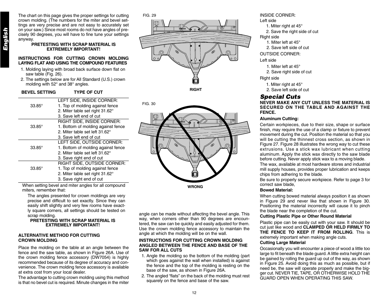 English, Special cuts | DeWalt 12" COMPOUND MITER SAW DW705 User Manual | Page 14 / 52