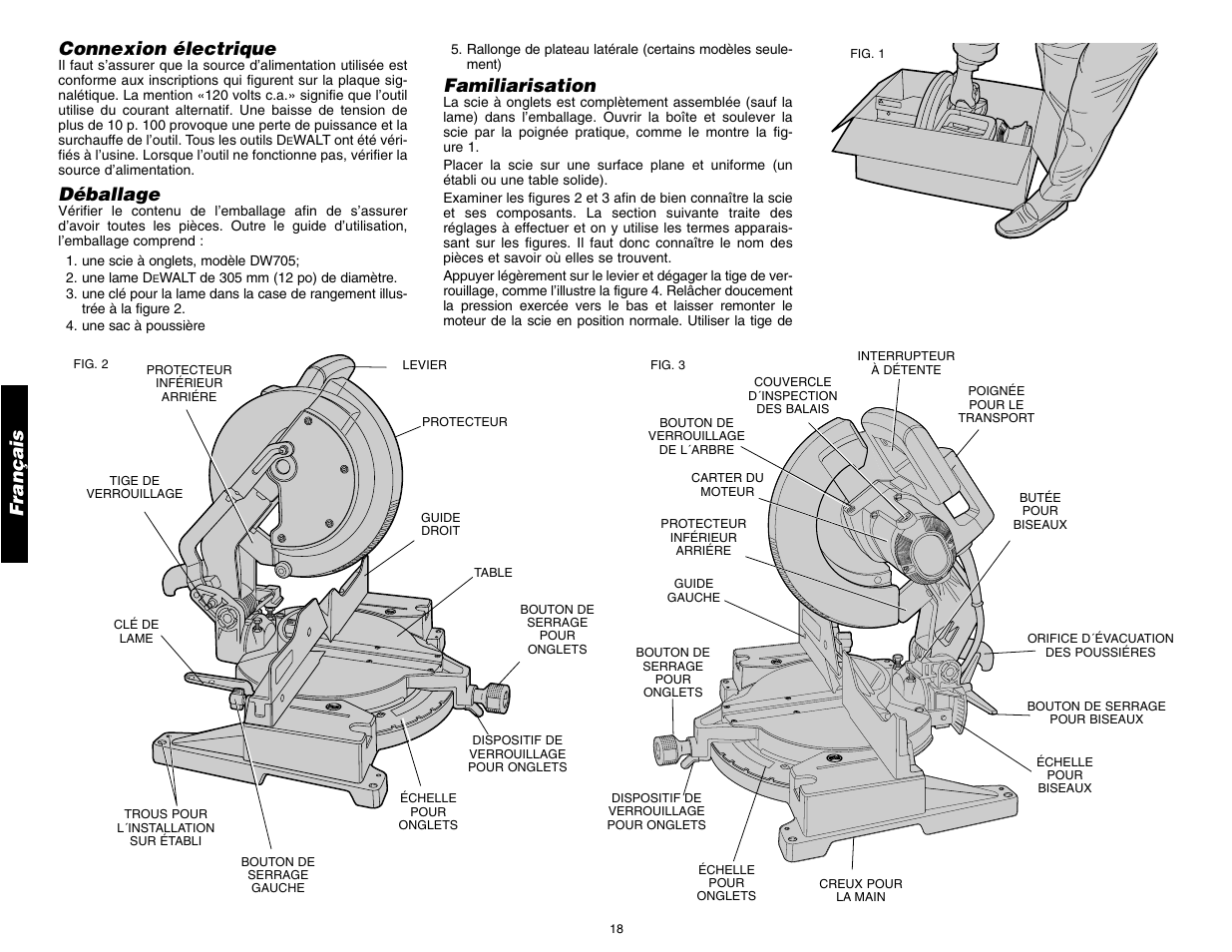 Français connexion électrique, Déballage, Familiarisation | DeWalt 12" COMPOUND MITER SAW DW705 User Manual | Page 20 / 52