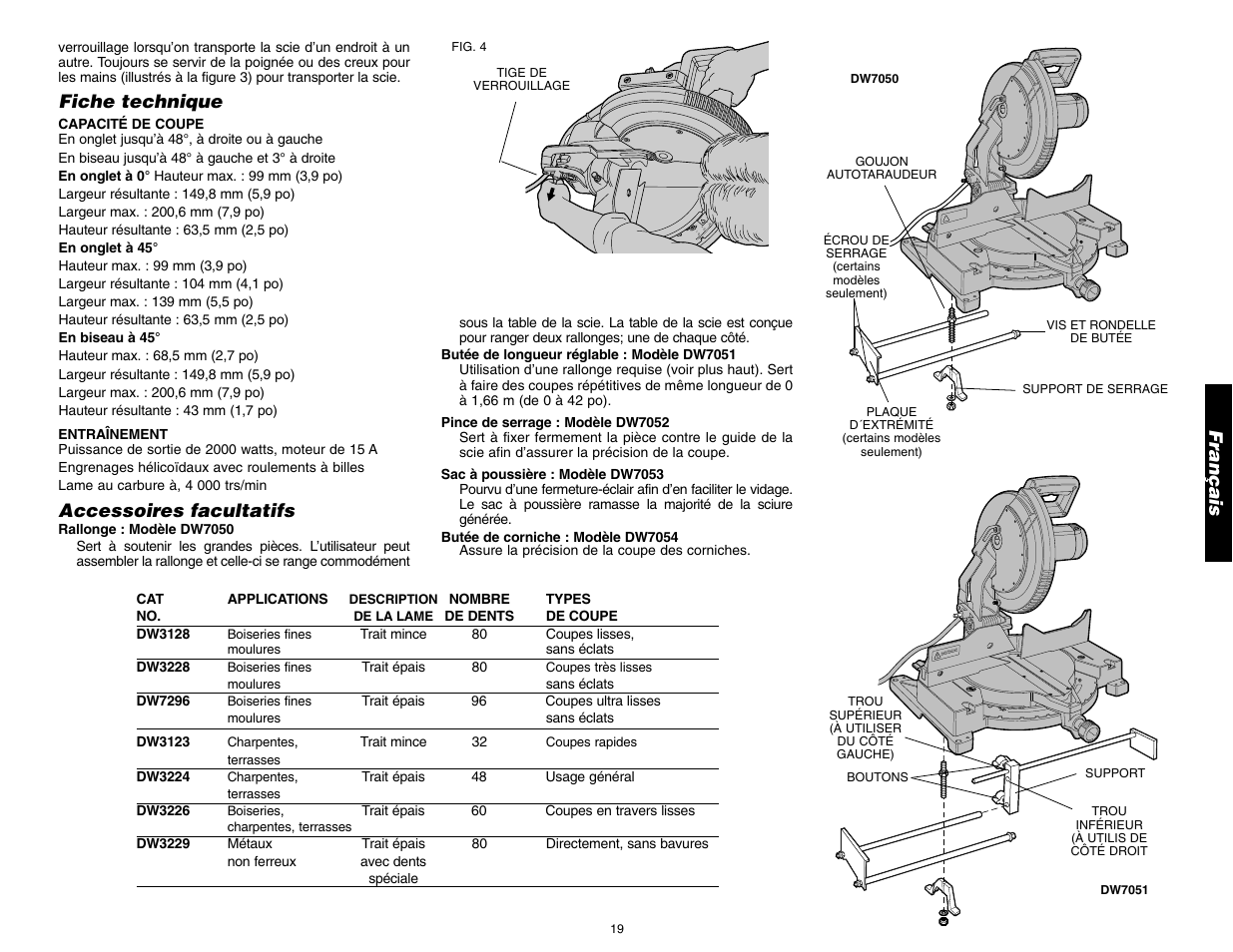 Français, Fiche technique, Accessoires facultatifs | Alwa ys a djus t fen ce prop erly b efor e us e | DeWalt 12" COMPOUND MITER SAW DW705 User Manual | Page 21 / 52