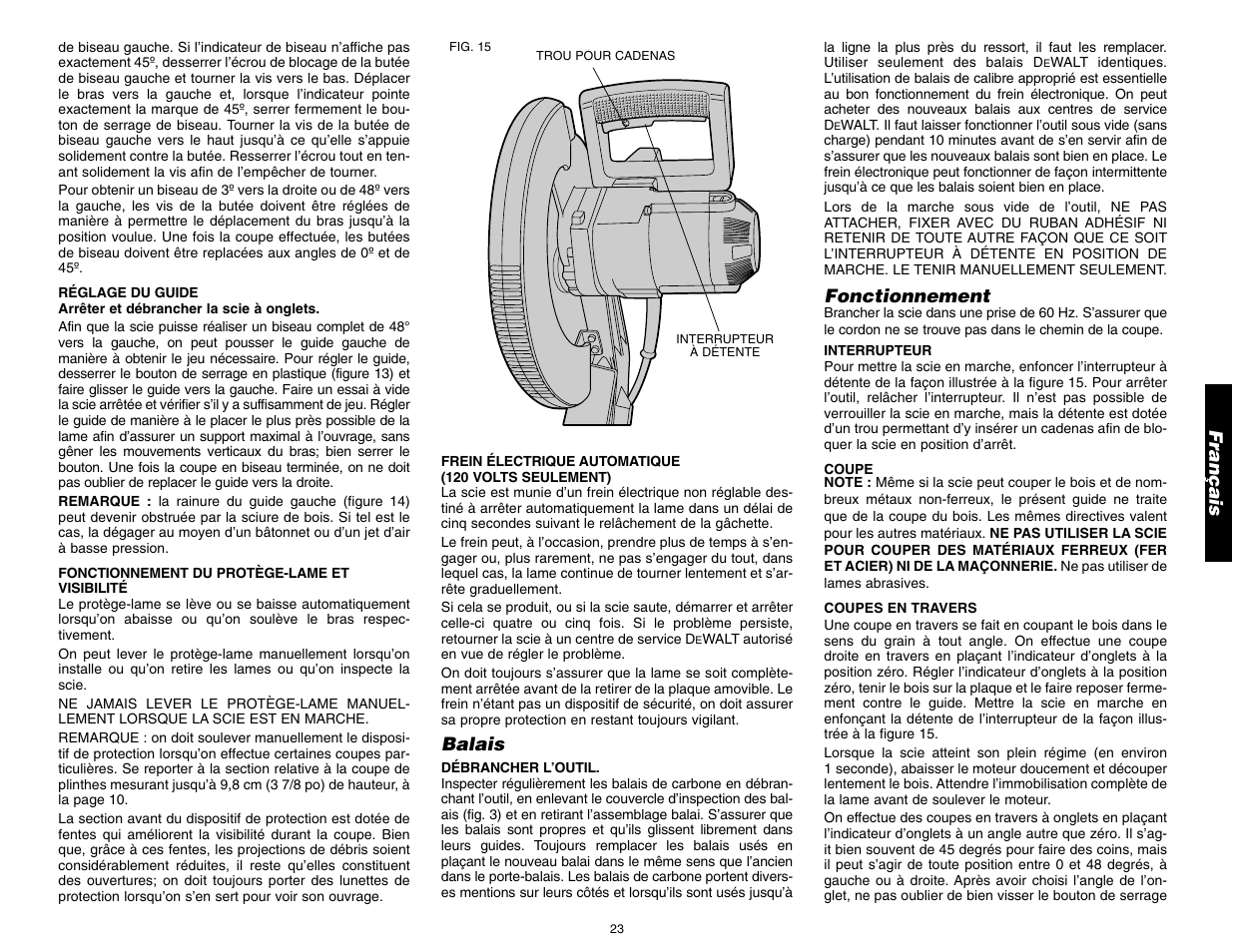Français, Balais, Fonctionnement | DeWalt 12" COMPOUND MITER SAW DW705 User Manual | Page 25 / 52