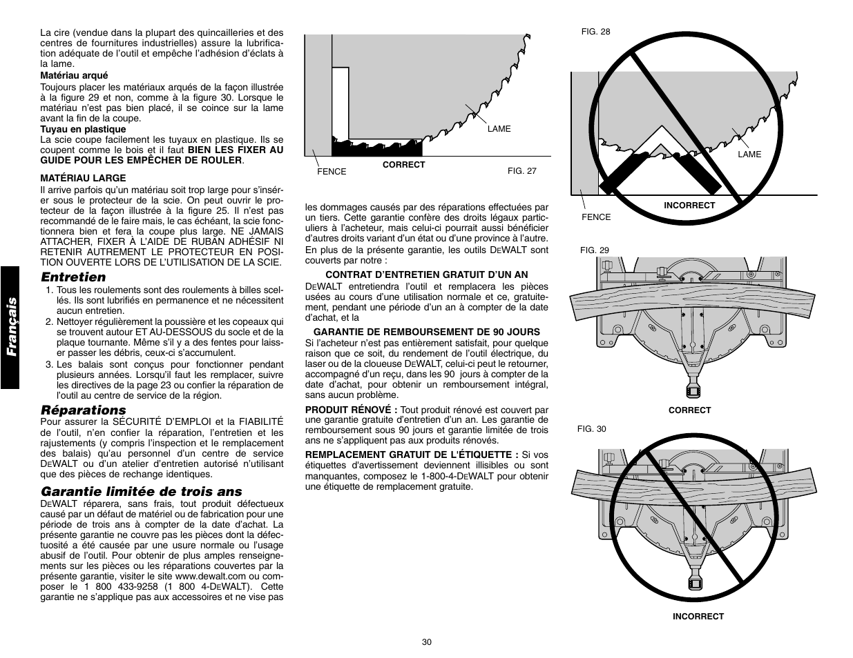 Français, Entretien, Réparations | Garantie limitée de trois ans | DeWalt 12" COMPOUND MITER SAW DW705 User Manual | Page 32 / 52