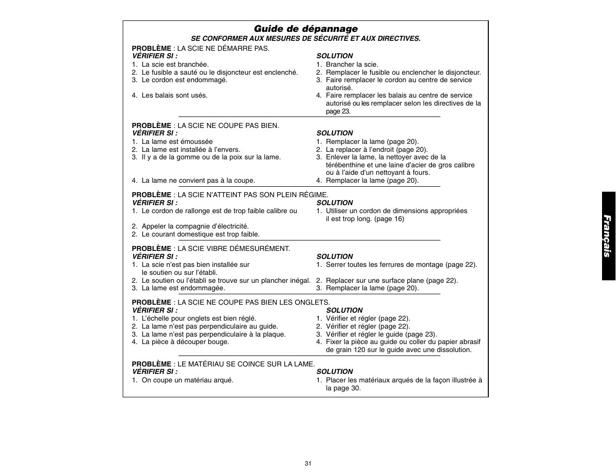 Français guide de dépannage | DeWalt 12" COMPOUND MITER SAW DW705 User Manual | Page 33 / 52