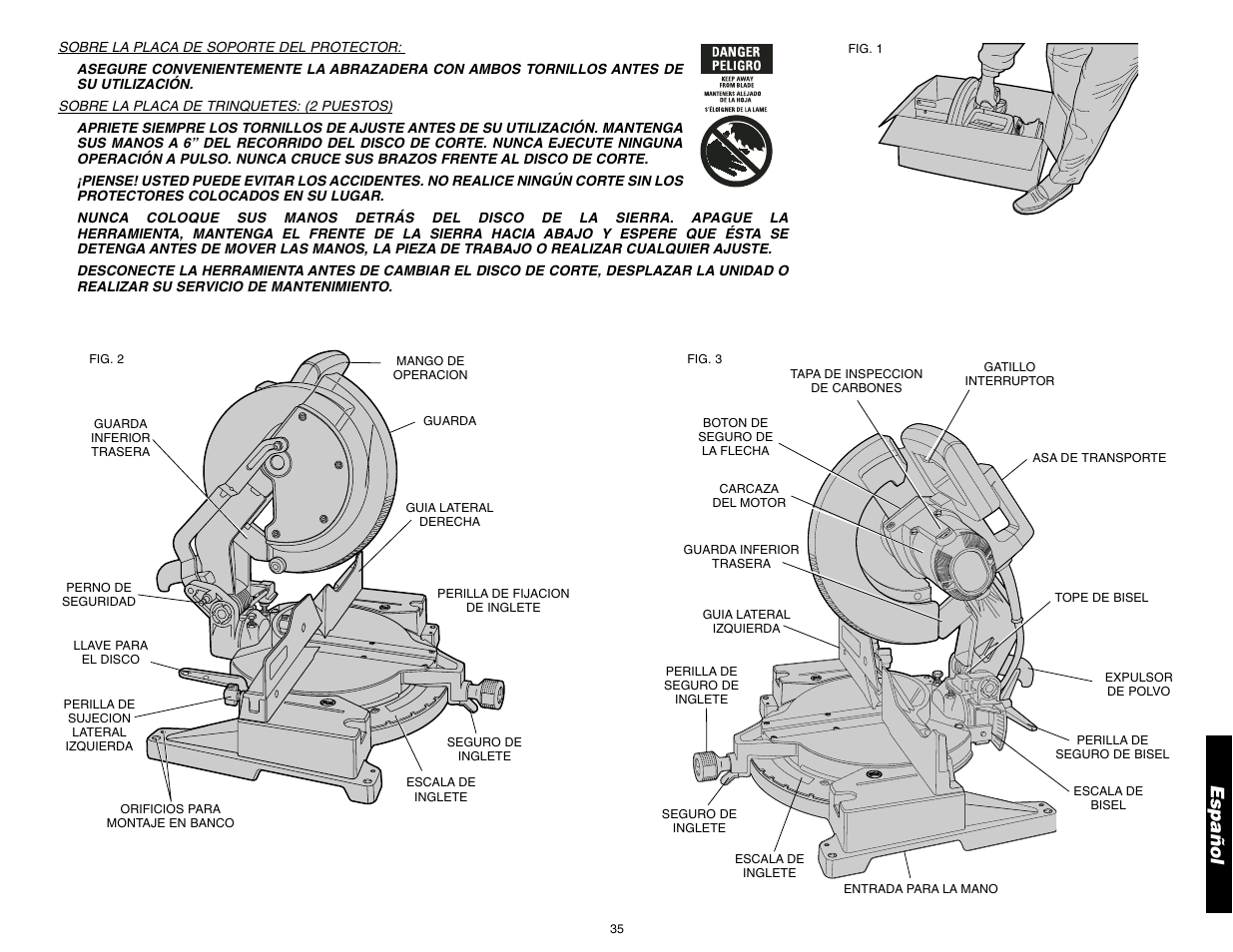 Español | DeWalt 12" COMPOUND MITER SAW DW705 User Manual | Page 37 / 52