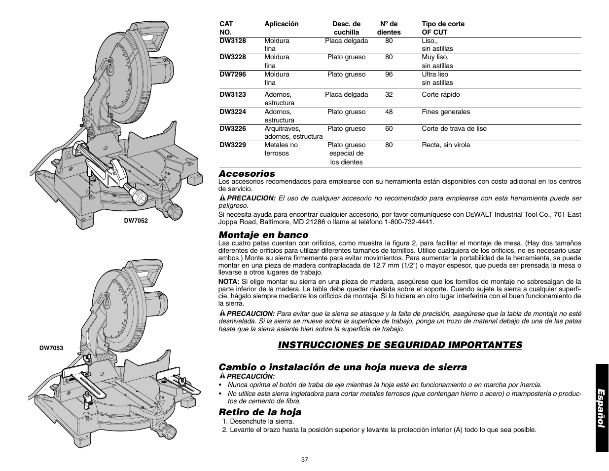 Accesorios, Montaje en banco, Retiro de la hoja | DeWalt 12" COMPOUND MITER SAW DW705 User Manual | Page 39 / 52