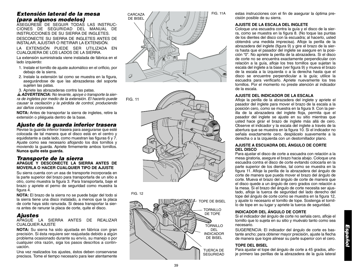 Ajuste de la guarda inferior trasera, Transporte de la sierra, Ajustes | DeWalt 12" COMPOUND MITER SAW DW705 User Manual | Page 41 / 52