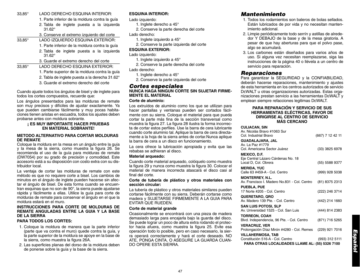 Español mantenimiento, Reparaciones, Cortes especiales | DeWalt 12" COMPOUND MITER SAW DW705 User Manual | Page 49 / 52