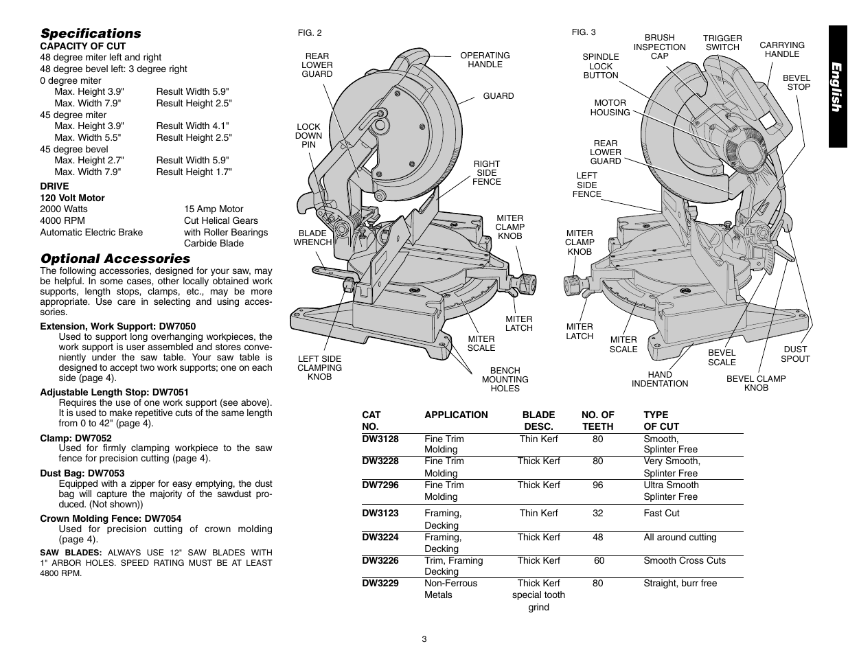 English, Specifications, Optional accessories | DeWalt 12" COMPOUND MITER SAW DW705 User Manual | Page 5 / 52
