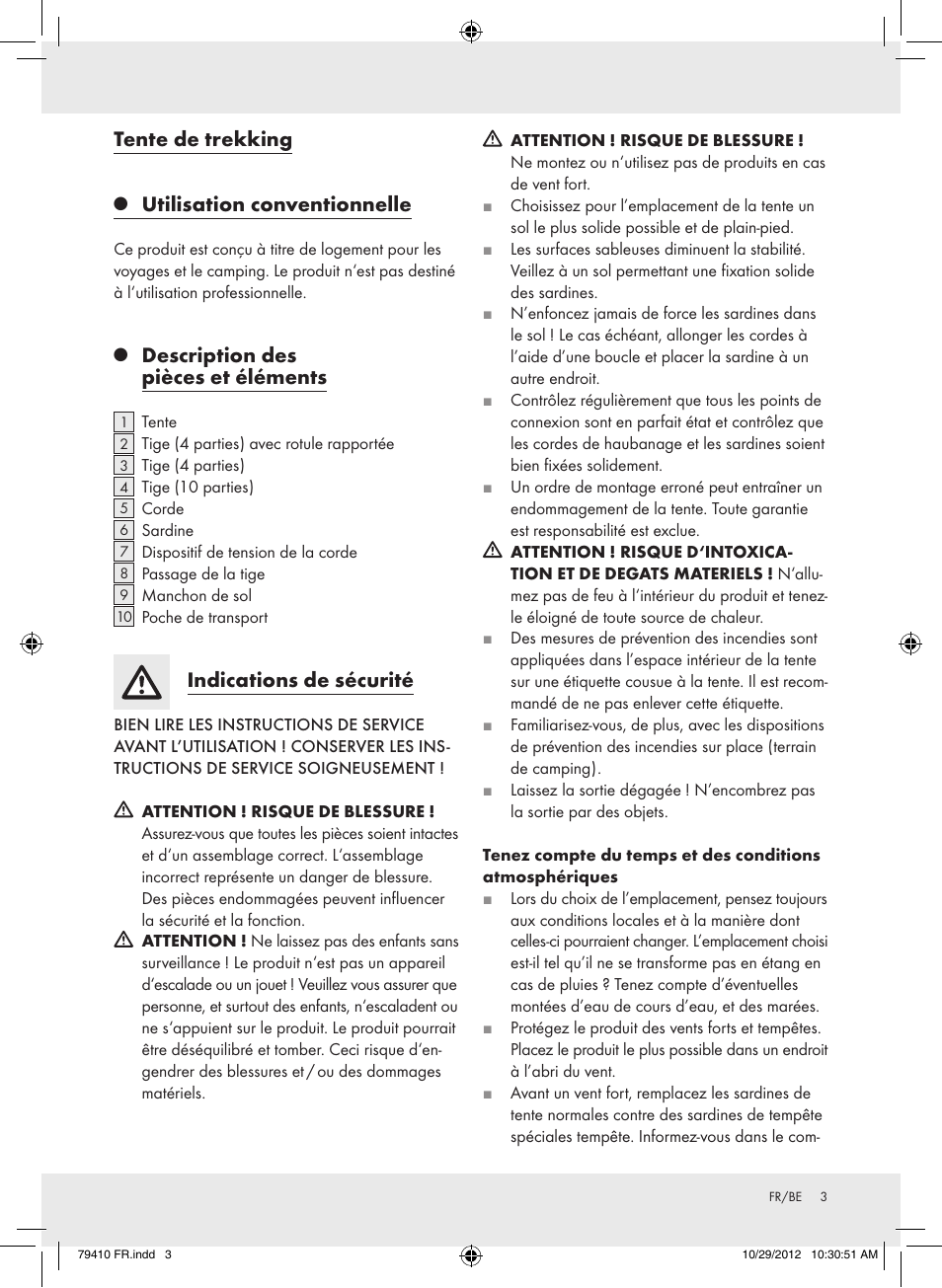 Tente de trekking, Utilisation conventionnelle, Description des pièces et éléments | Indications de sécurité | Rocktrail Hiking Tent Z31364 User Manual | Page 3 / 11