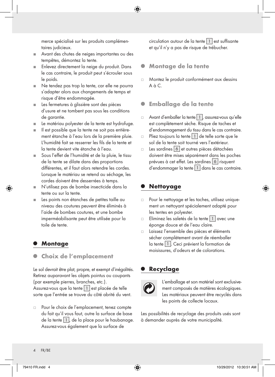 Montage, Choix de l’emplacement, Montage de la tente | Emballage de la tente, Nettoyage, Recyclage | Rocktrail Hiking Tent Z31364 User Manual | Page 4 / 11
