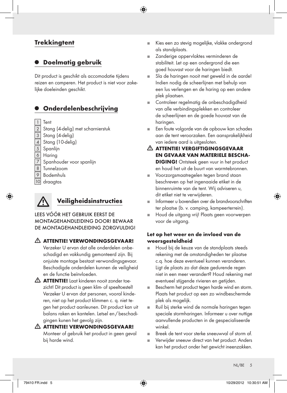 Trekkingtent, Doelmatig gebruik, Onderdelenbeschrijving | Veiligheidsinstructies | Rocktrail Hiking Tent Z31364 User Manual | Page 5 / 11