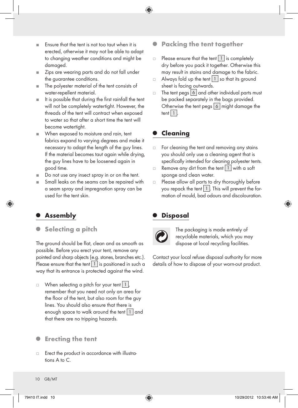 Assembly, Selecting a pitch, Erecting the tent | Packing the tent together, Cleaning, Disposal | Rocktrail Hiking Tent Z31364 User Manual | Page 10 / 15