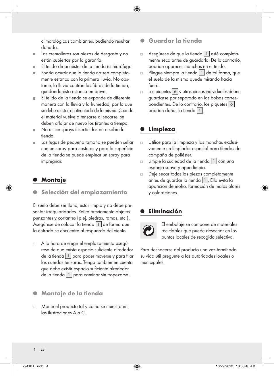 Montaje selección del emplazamiento, Montaje de la tienda, Guardar la tienda | Limpieza, Eliminación | Rocktrail Hiking Tent Z31364 User Manual | Page 4 / 15