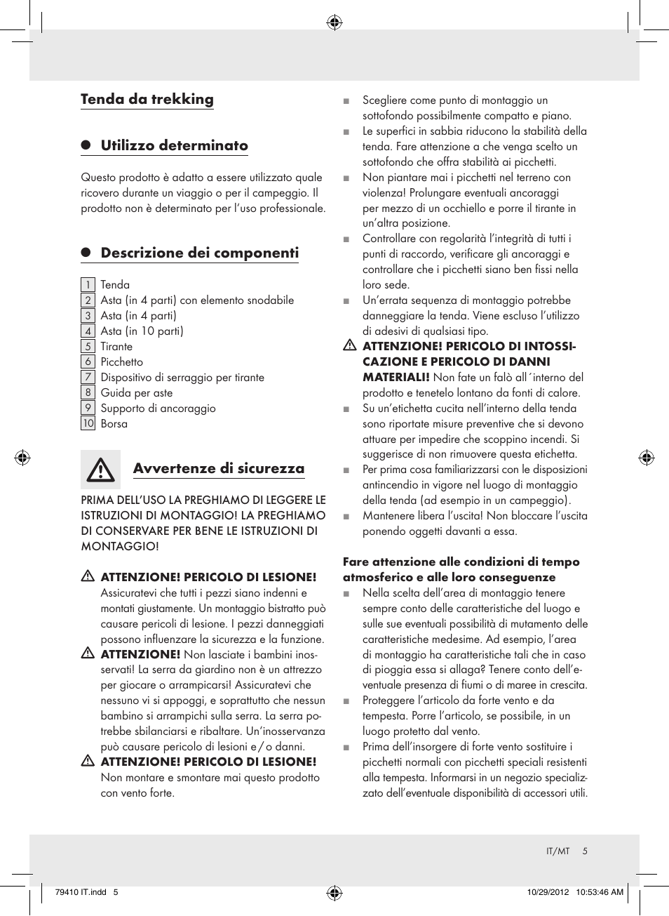 Tenda da trekking, Utilizzo determinato, Descrizione dei componenti | Avvertenze di sicurezza | Rocktrail Hiking Tent Z31364 User Manual | Page 5 / 15