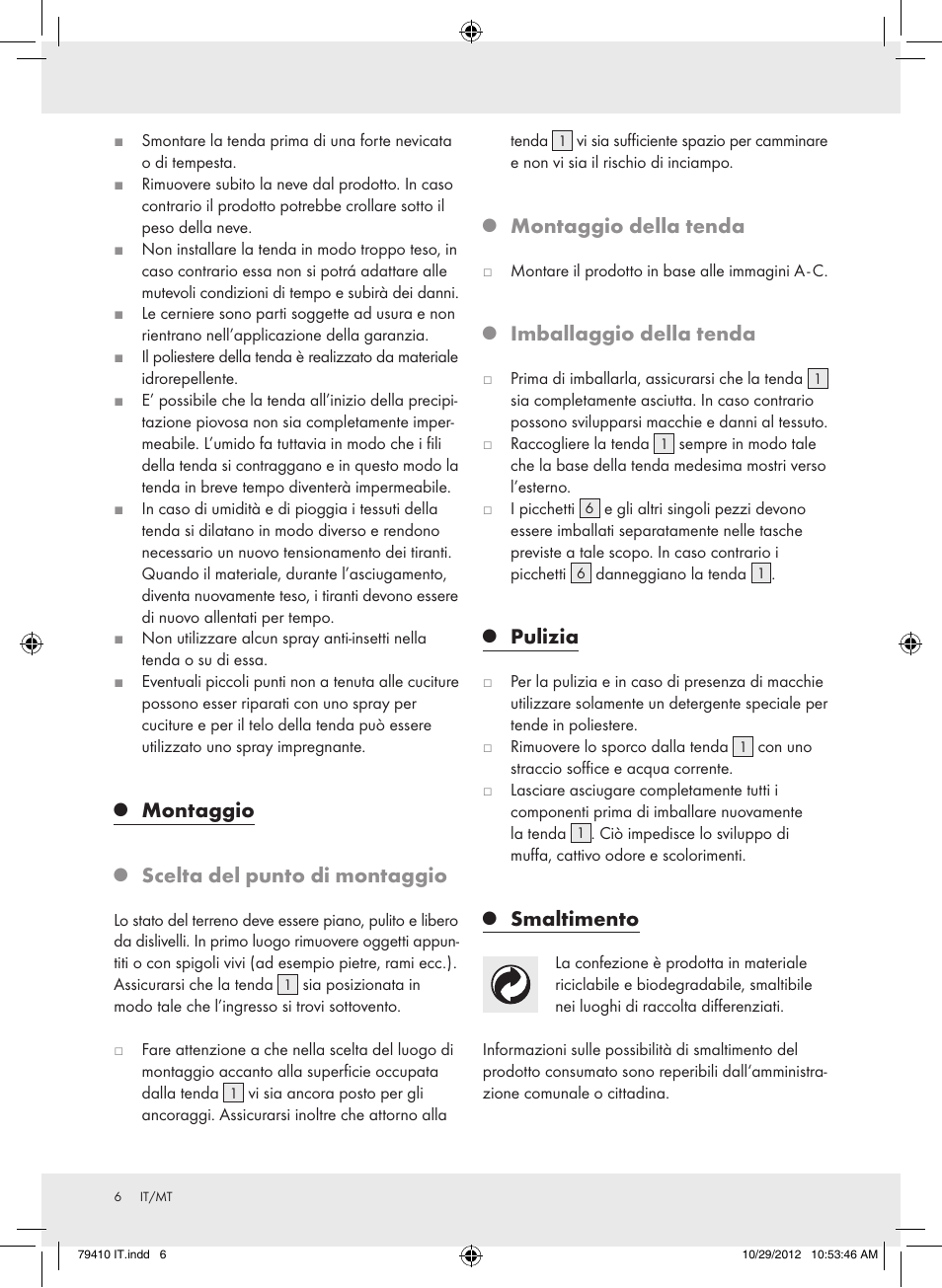 Montaggio, Scelta del punto di montaggio, Montaggio della tenda | Imballaggio della tenda, Pulizia, Smaltimento | Rocktrail Hiking Tent Z31364 User Manual | Page 6 / 15