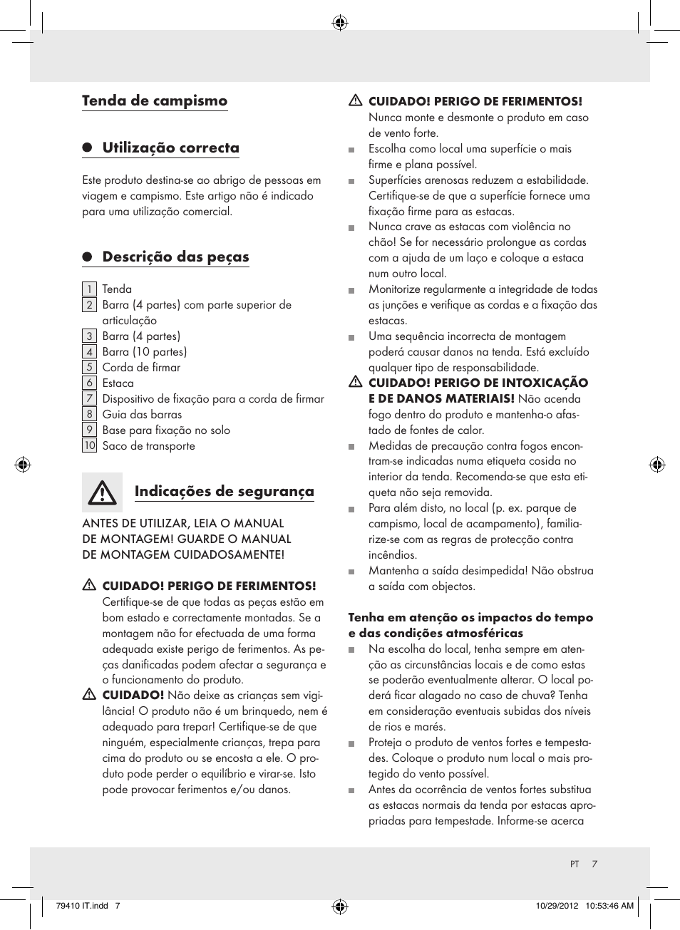 Tenda de campismo utilização correcta, Descrição das peças, Indicações de segurança | Rocktrail Hiking Tent Z31364 User Manual | Page 7 / 15