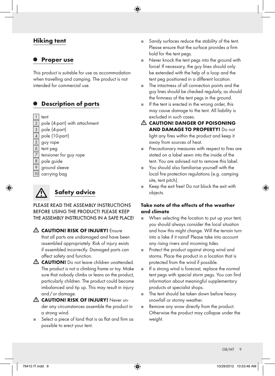 Hiking tent, Proper use, Description of parts | Safety advice | Rocktrail Hiking Tent Z31364 User Manual | Page 9 / 15