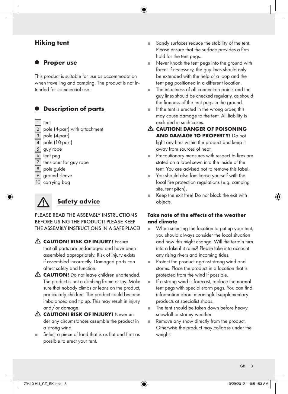 Hiking tent, Proper use, Description of parts | Safety advice | Rocktrail Hiking Tent Z31364 User Manual | Page 3 / 19