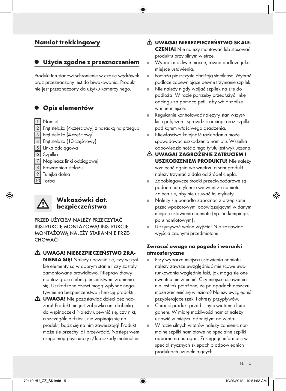 Namiot trekkingowy, Użycie zgodne z przeznaczeniem, Opis elementów | Wskazówki dot. bezpieczeństwa | Rocktrail Hiking Tent Z31364 User Manual | Page 5 / 19