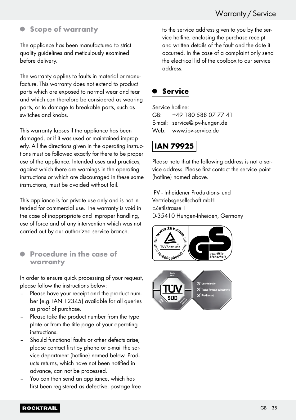 Warranty / service, Scope of warranty, Procedure in the case of warranty | Service | Rocktrail Electric Cool Box REK 230 B2 User Manual | Page 35 / 37