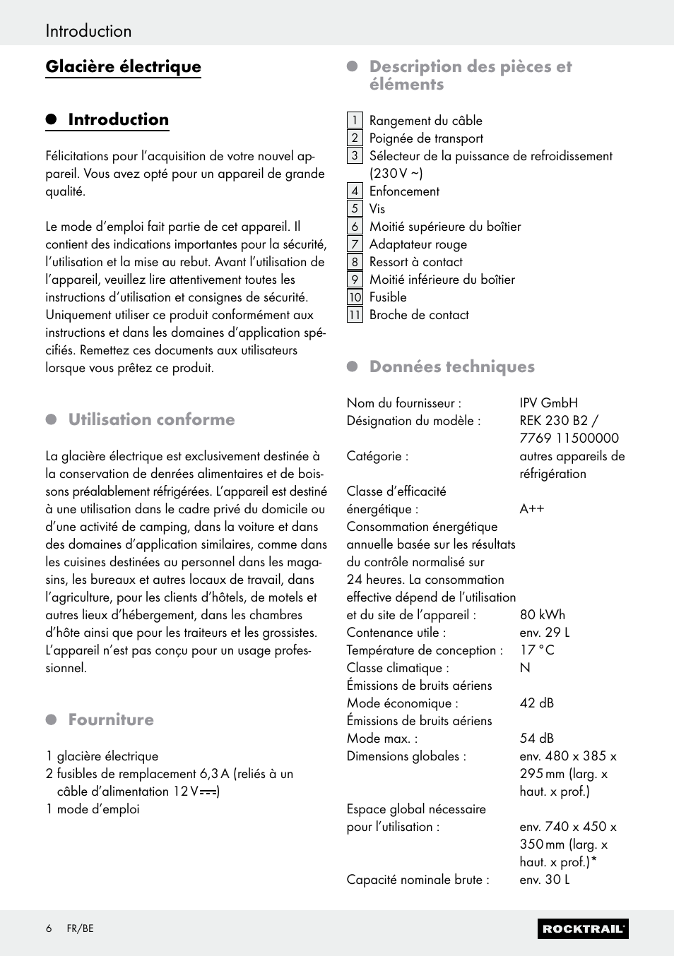 Introduction, Glacière électrique introduction, Utilisation conforme | Fourniture, Description des pièces et éléments, Données techniques | Rocktrail Electric Cool Box REK 230 B2 User Manual | Page 6 / 37