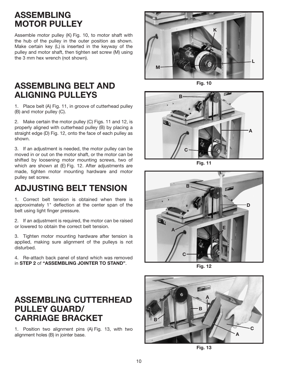 Assembling motor pulley, Assembling belt and aligning pulleys, Adjusting belt tension | Delta 37-380 User Manual | Page 10 / 28