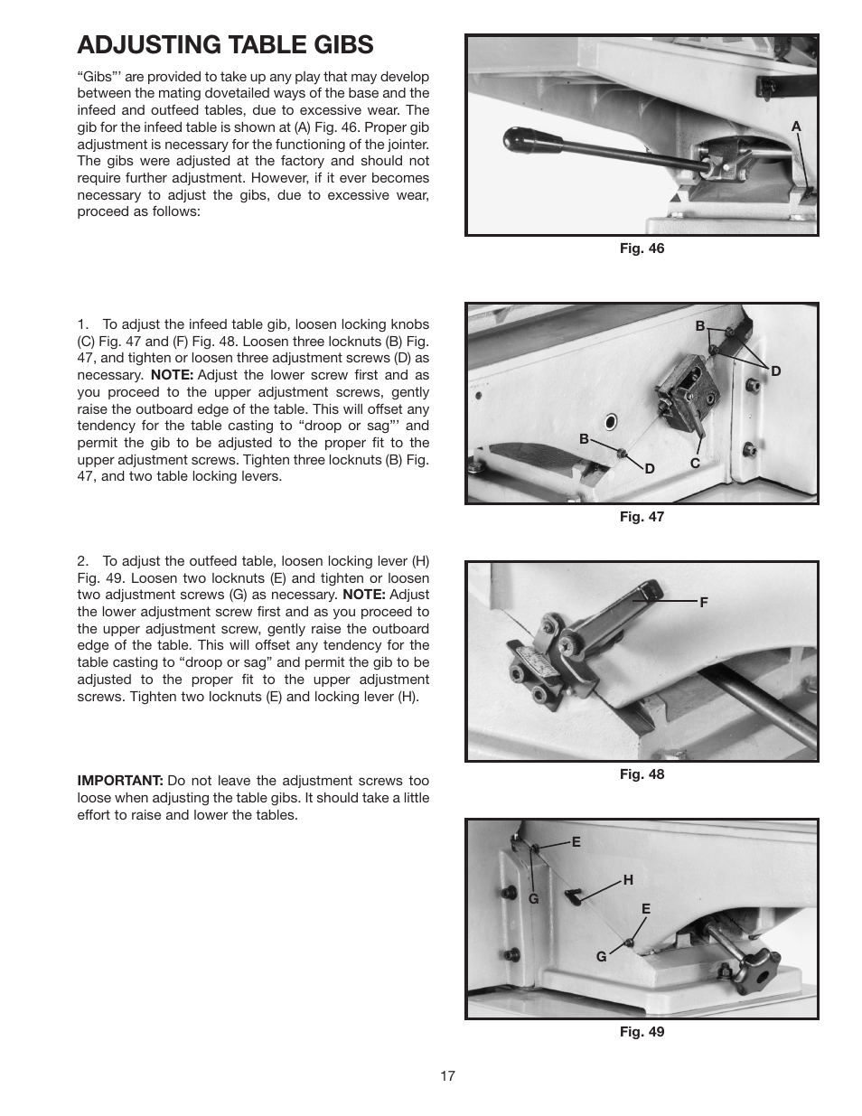 Adjusting table gibs | Delta 37-380 User Manual | Page 17 / 28