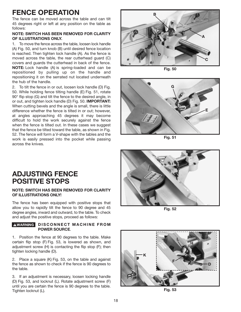 Fence operation, Adjusting fence positive stops | Delta 37-380 User Manual | Page 18 / 28