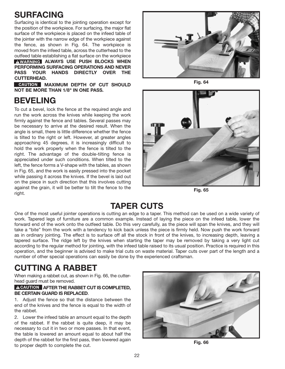 Surfacing, Taper cuts, Cutting a rabbet | Beveling | Delta 37-380 User Manual | Page 22 / 28