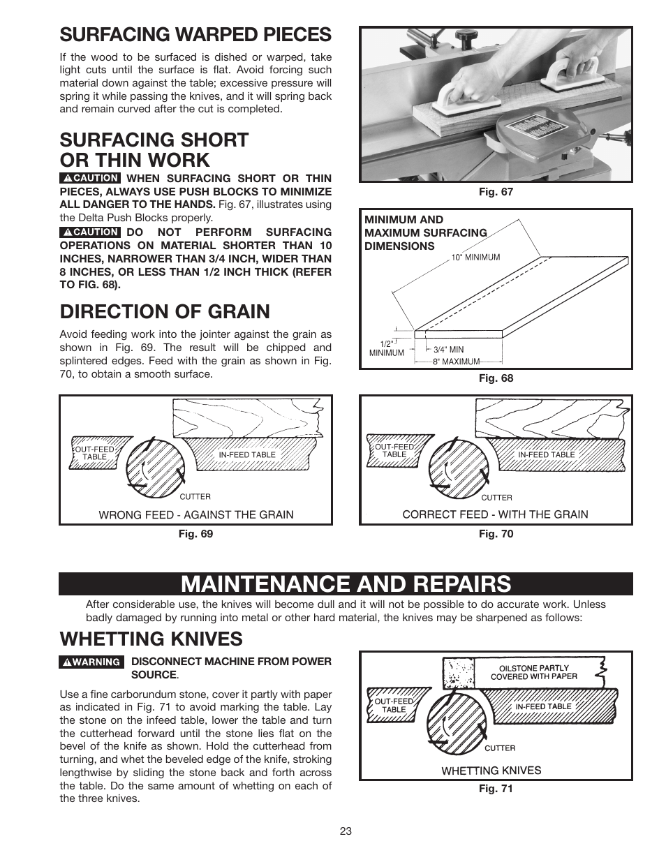 Maintenance and repairs, Surfacing warped pieces, Surfacing short or thin work | Direction of grain, Whetting knives | Delta 37-380 User Manual | Page 23 / 28