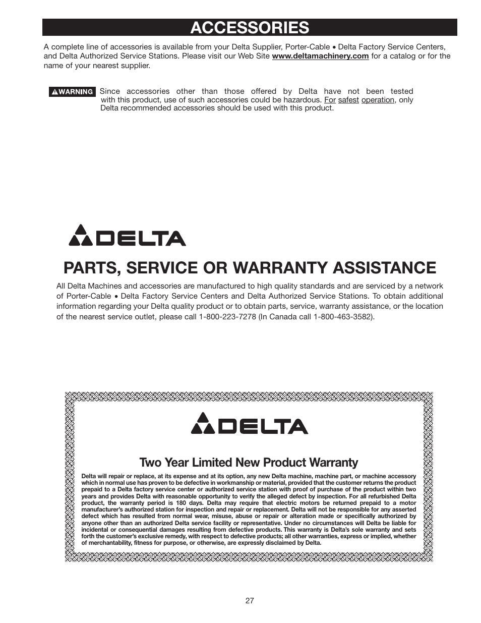 Parts, service or warranty assistance, Accessories, Two year limited new product warranty | Delta 37-380 User Manual | Page 27 / 28