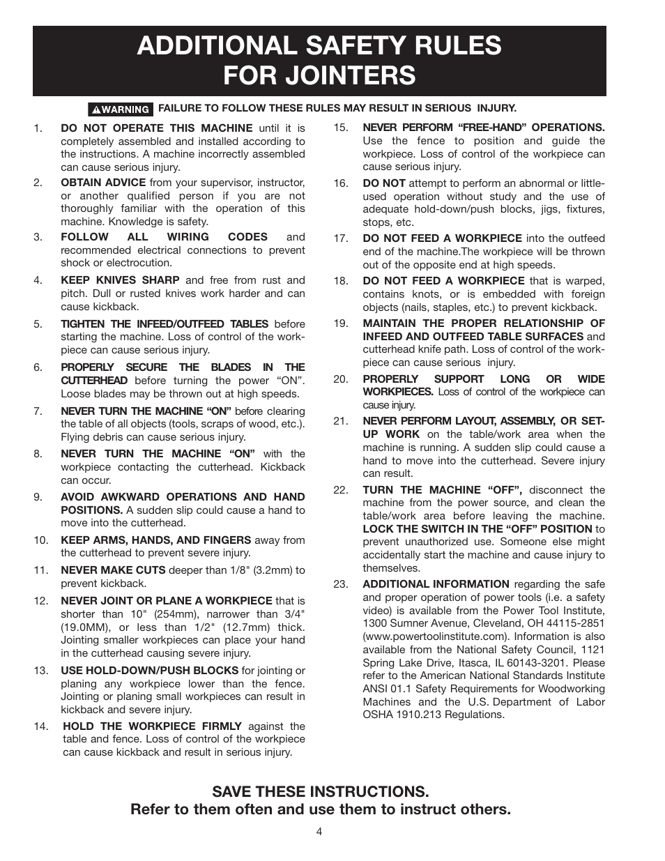Additional safety rules for jointers | Delta 37-380 User Manual | Page 4 / 28