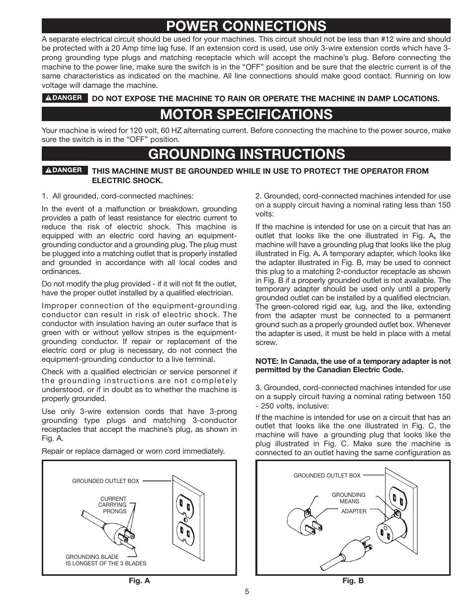 Motor specifications, Power connections grounding instructions | Delta 37-380 User Manual | Page 5 / 28