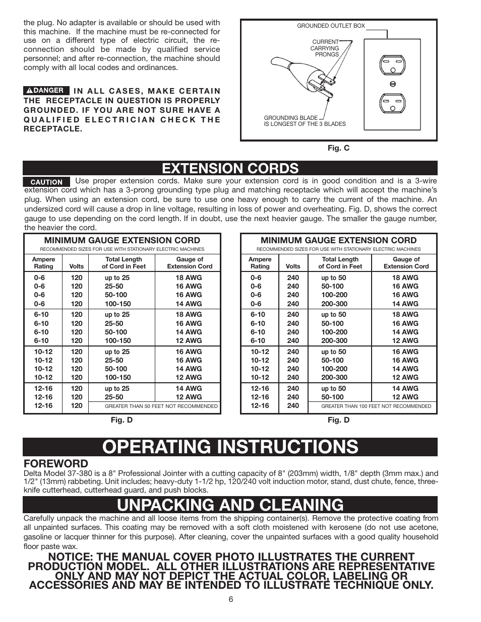Operating instructions, Unpacking and cleaning, Extension cords | Foreword | Delta 37-380 User Manual | Page 6 / 28