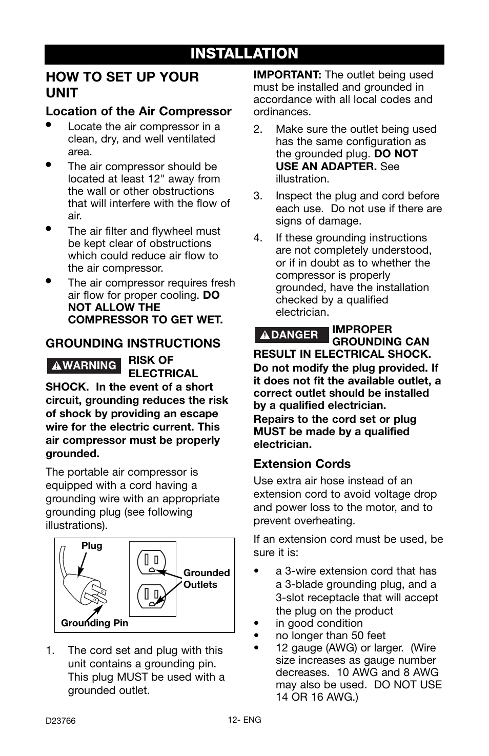 Installation, How to set up your unit, Extension cords | Grounding instructions, Location of the air compressor | DeWalt DeVILBISS User Manual | Page 12 / 92