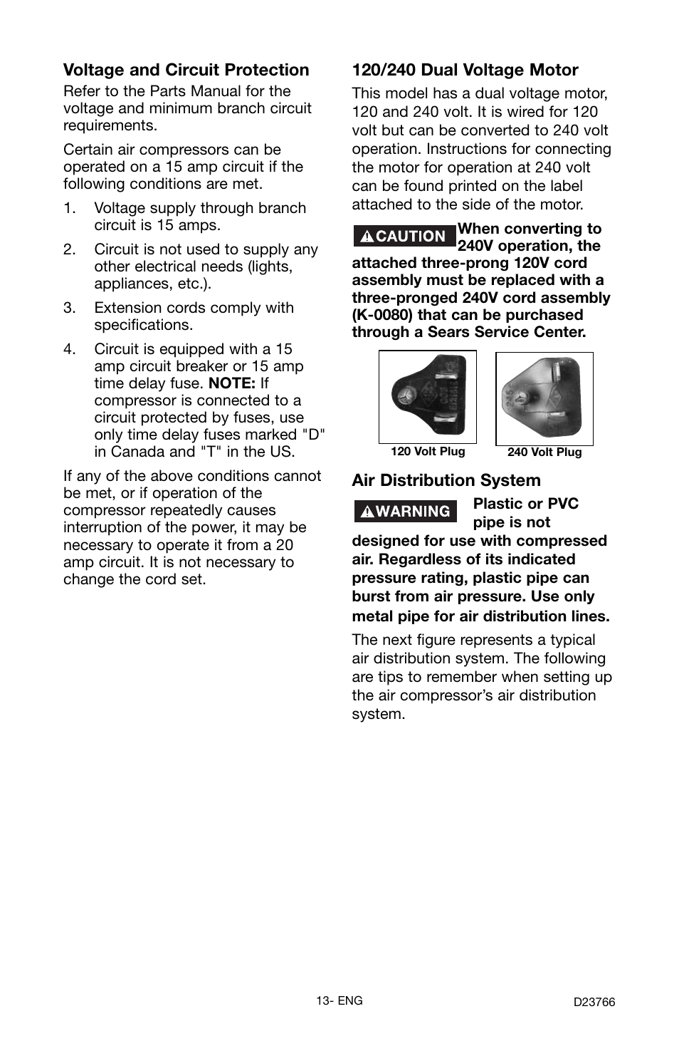 Voltage and circuit protection, Air distribution system | DeWalt DeVILBISS User Manual | Page 13 / 92