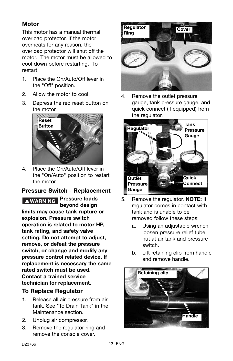 Motor, Pressure switch - replacement | DeWalt DeVILBISS User Manual | Page 22 / 92