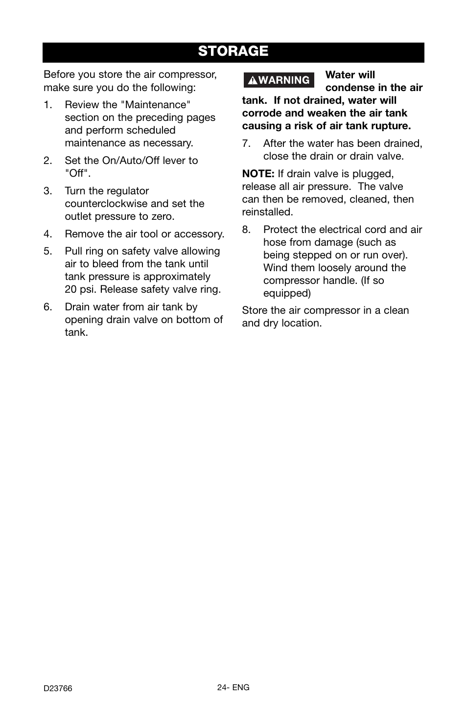 Storage | DeWalt DeVILBISS User Manual | Page 24 / 92