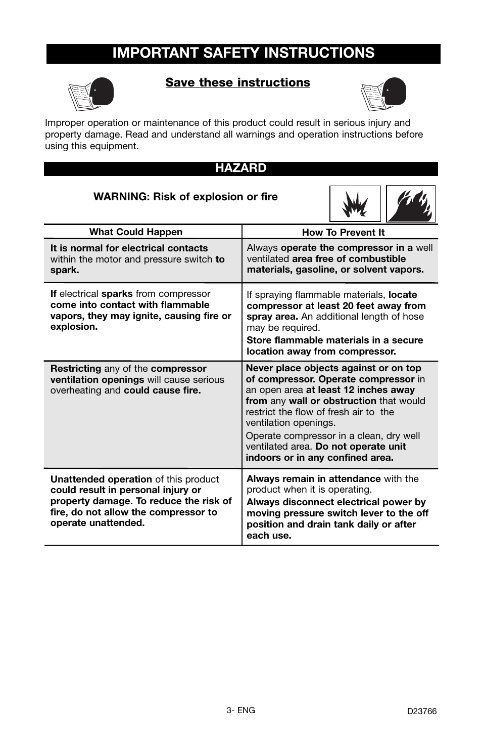 Important safety instructions, Save these instructions, Hazard | DeWalt DeVILBISS User Manual | Page 3 / 92