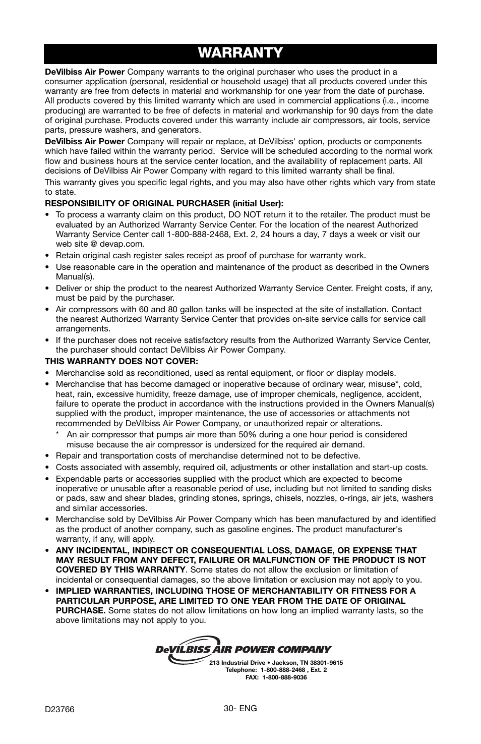 Warranty | DeWalt DeVILBISS User Manual | Page 30 / 92