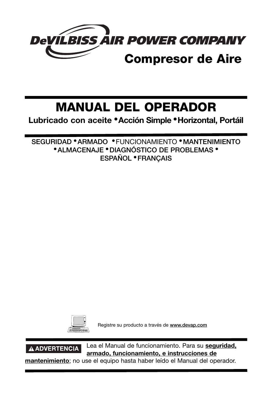 Manual del operador, Compresor de aire, Lubricado con aceite | Acción simple, Horizontal, portáil | DeWalt DeVILBISS User Manual | Page 31 / 92