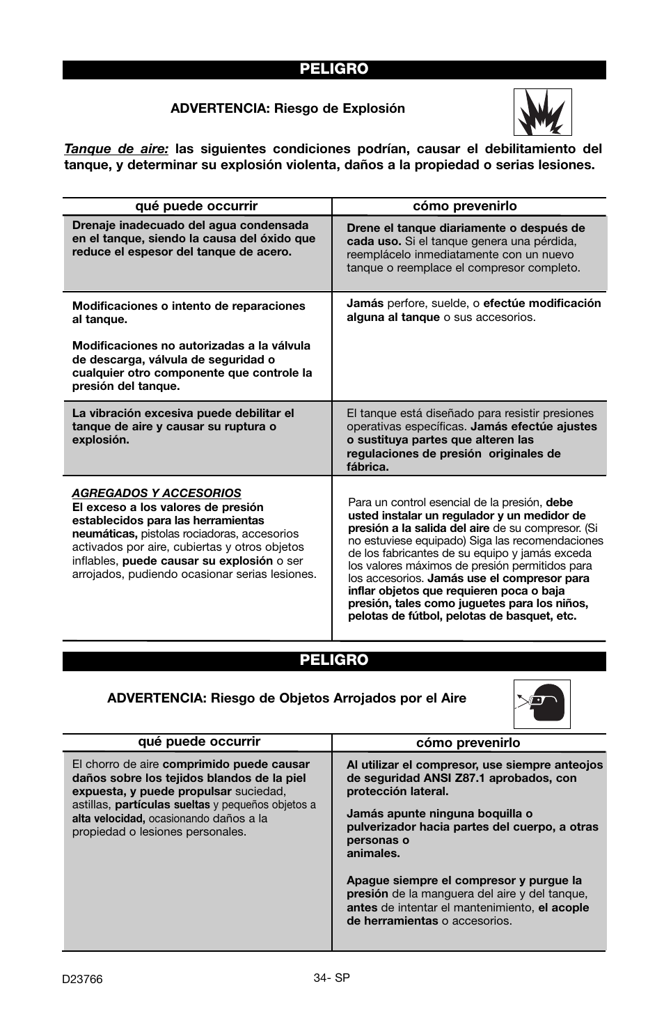 Peligro | DeWalt DeVILBISS User Manual | Page 34 / 92