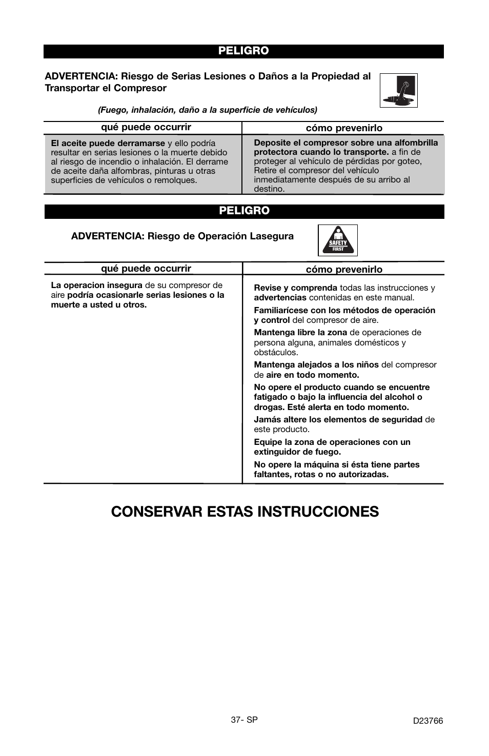 Conservar estas instrucciones | DeWalt DeVILBISS User Manual | Page 37 / 92