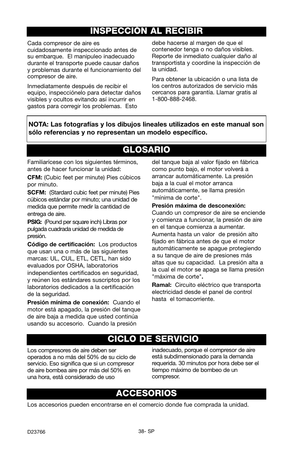 Inspección al recibir, Accesorios, Glosario | Ciclo de servicio | DeWalt DeVILBISS User Manual | Page 38 / 92
