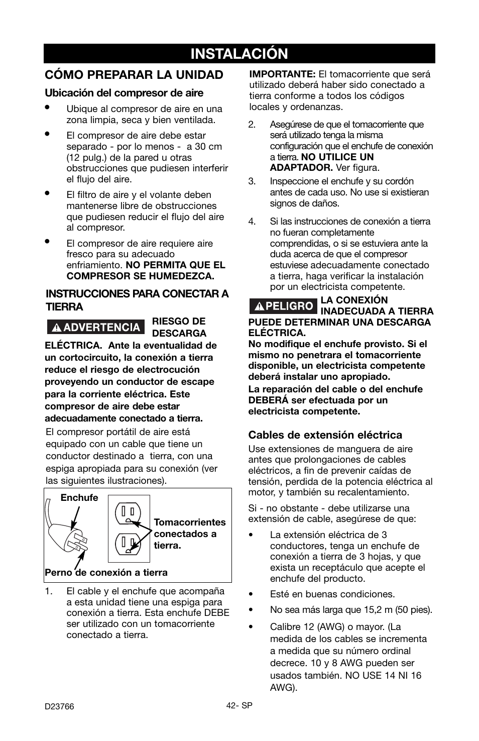 Instalación, Cómo preparar la unidad | DeWalt DeVILBISS User Manual | Page 42 / 92