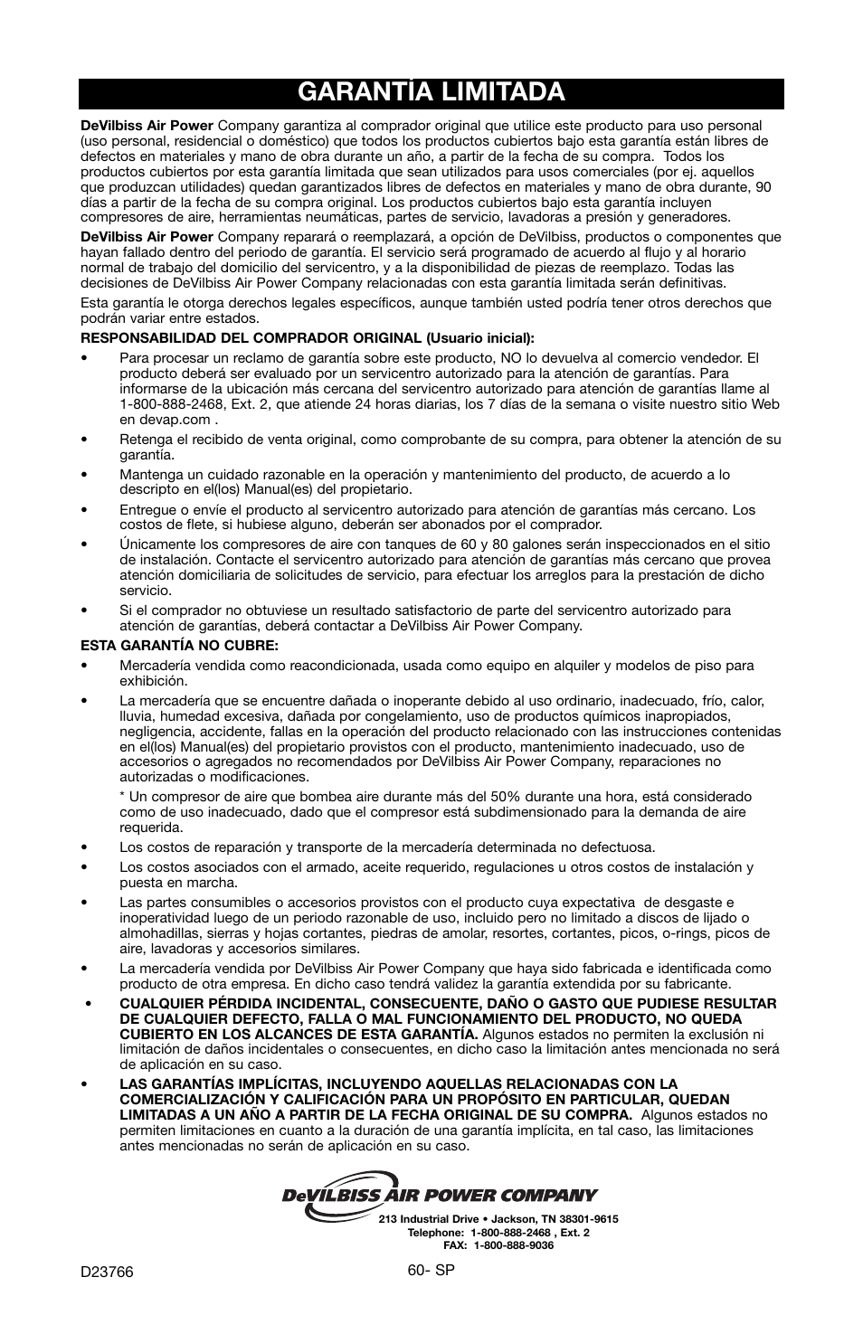 Garantía limitada | DeWalt DeVILBISS User Manual | Page 60 / 92